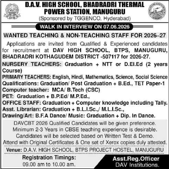 DAV High School BTPS: Walk-In Recruitment
