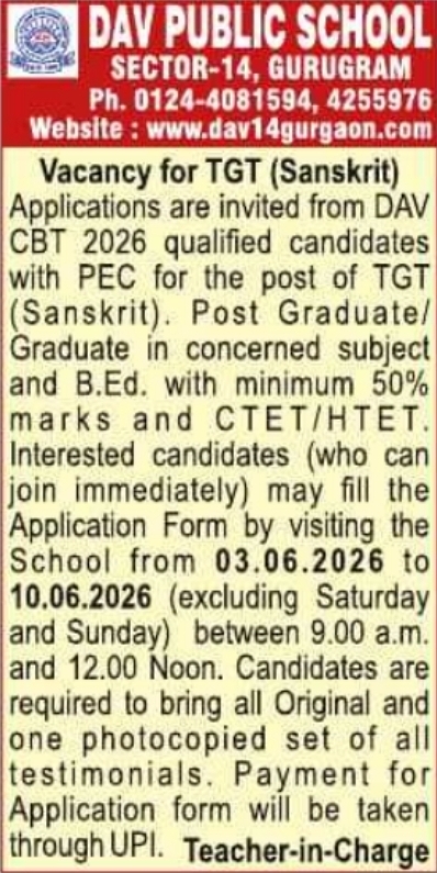 DAV Public School Gurugram Recruitment: Vacancy for TGT (Sanskrit)