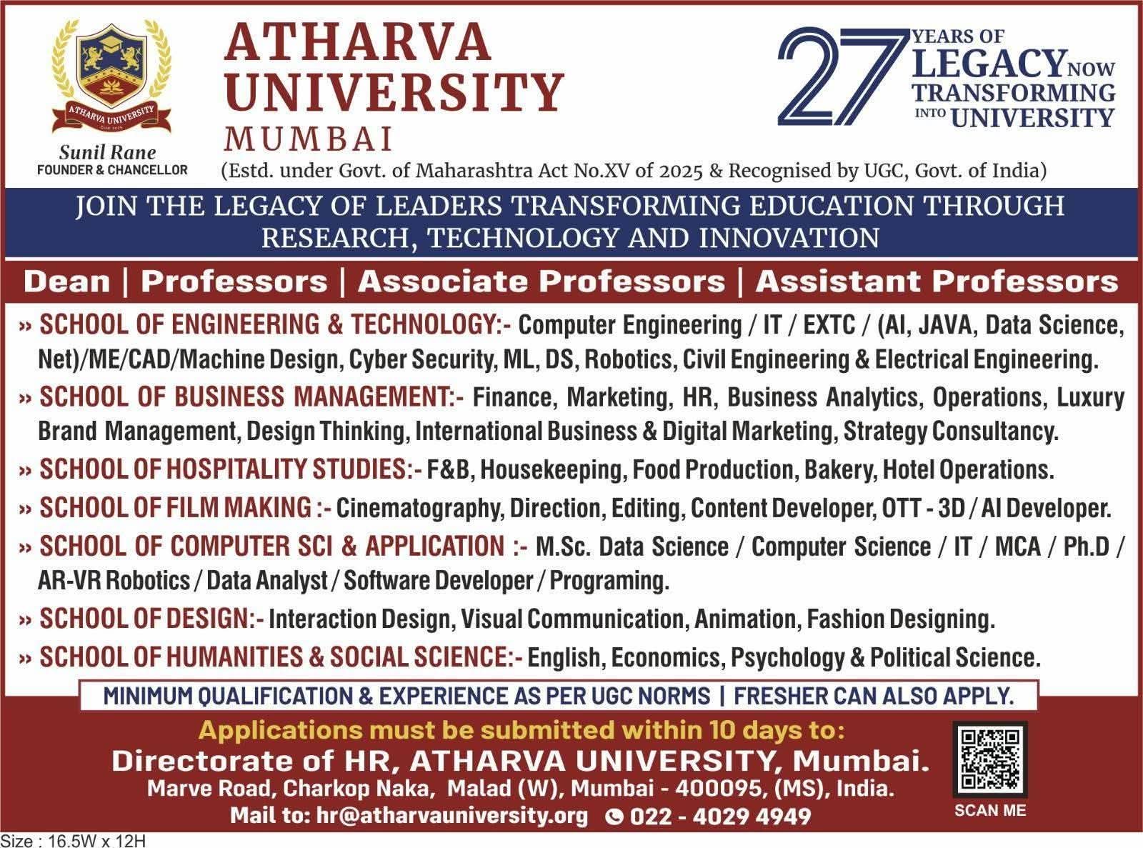 Dean & Faculty Recruitment At Atharva University