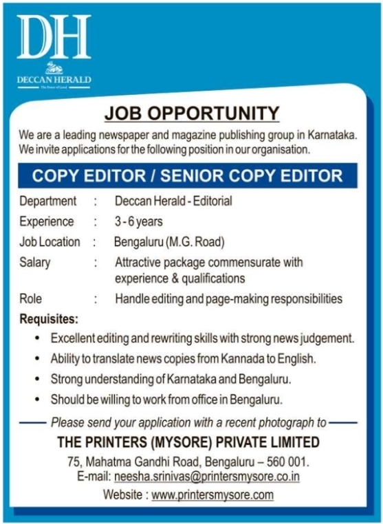 Deccan Herald Copy Editor Recruitment