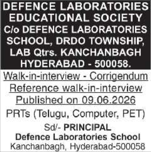 Defence Laboratories School Walk-in-Interview Corrigendum