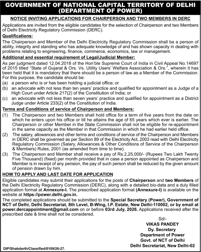 Delhi Government: DERC Chairperson and Members Recruitment