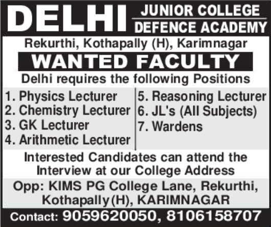 Delhi Junior College & Defence Academy: Faculty Recruitment
