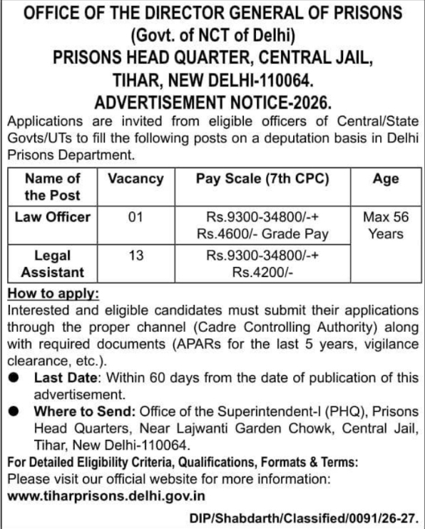 Delhi Prisons Recruitment 2026: Vacancies for Law Officer & Legal Assistant Posts