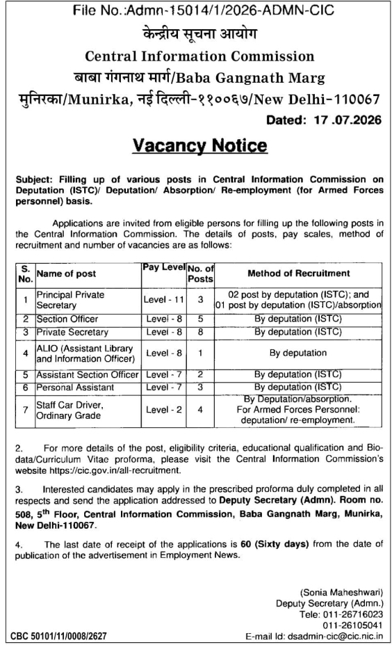 Deputation and Absorption Vacancy Notice by CIC