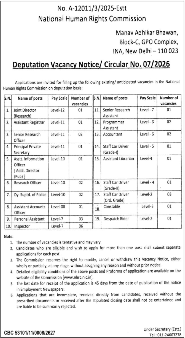 Deputation Vacancy Notice: Circular for Multiple Administrative Posts