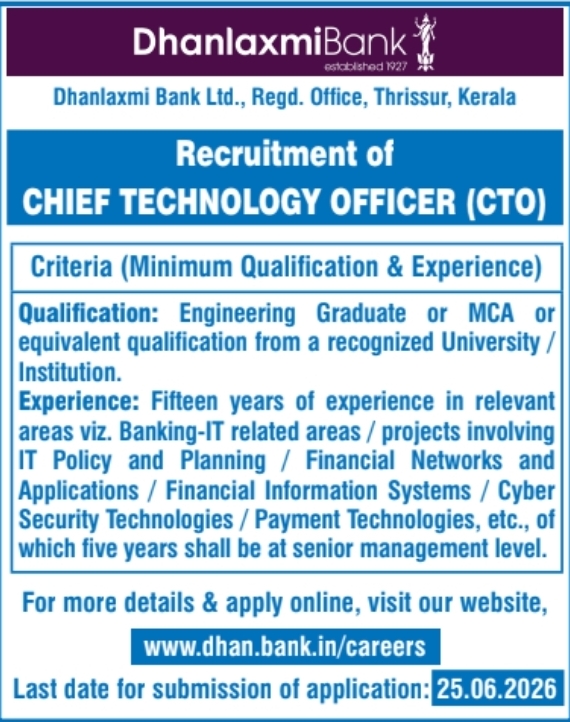 Dhanlaxmi Bank Recruitment: Vacancy for Chief Technology Officer (CTO)