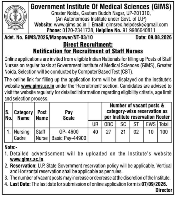 Direct Recruitment Notification for Staff Nurses by Government Institute of Medical Sciences