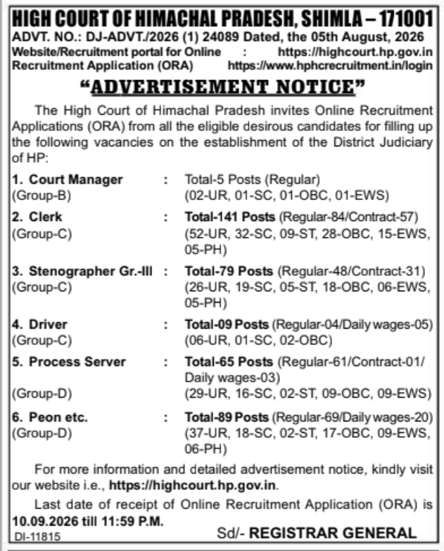 District Judiciary Recruitment Notice by High Court of Himachal Pradesh