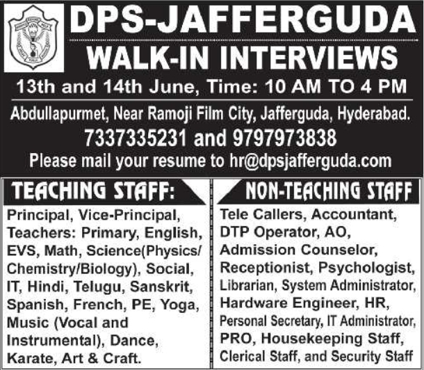DPS Jafferguda 2026 Walk-In Interviews