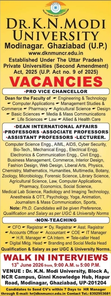 Dr. K.N. Modi University 2026 Walk-In Interviews