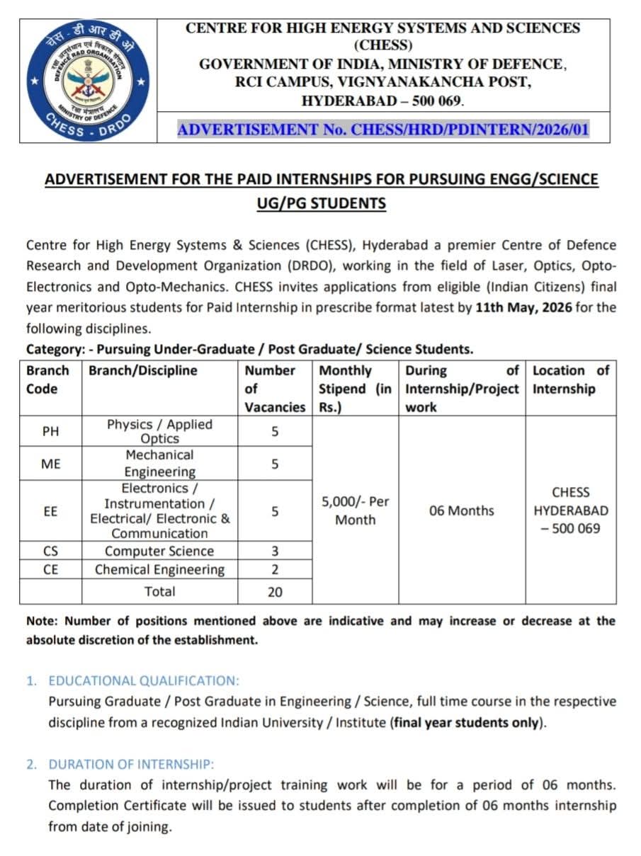 DRDO-CHESS Paid Internship Opportunity 2026