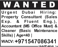Dubai Property Consultant, Accountant and Cleaner Job Vacancies