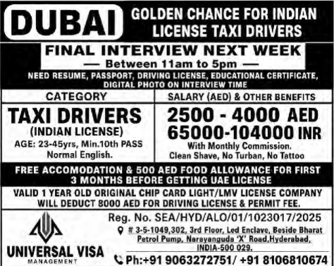 Dubai Taxi Driver Vacancies
