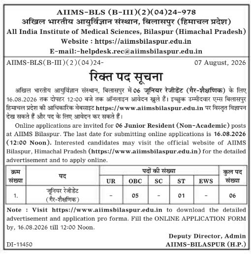 E-Application for Non-Academic Junior Residents by AIIMS Bilaspur