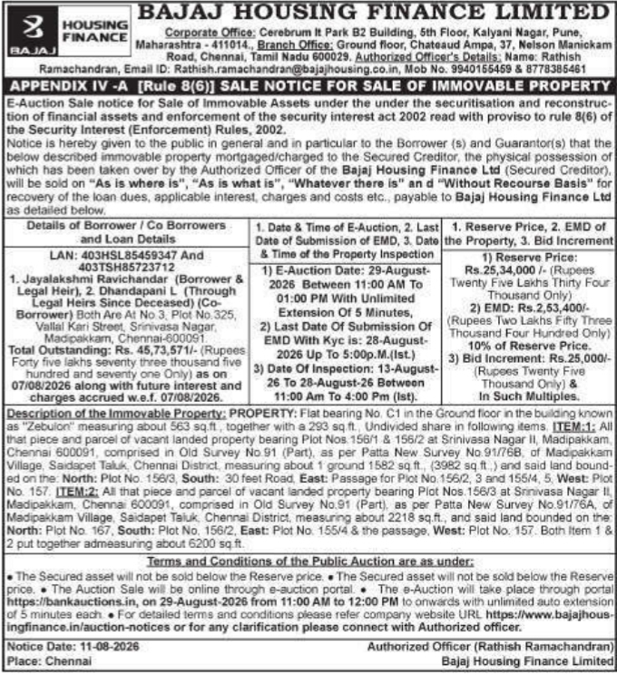 E-Auction Sale Notice for Madipakkam Property Layout by Bajaj Housing Finance Limited