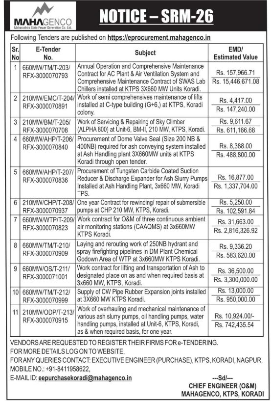 E-Tender Notification for KTPS Engineering and Maintenance Works