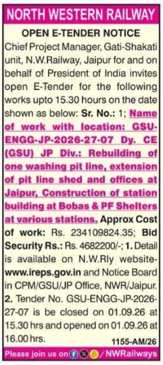 E-Tender Notification for Station Building and Pit Line Works by North Western Railway