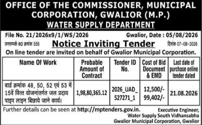 E-Tender Notification for Water Supply Pipeline Installation by Gwalior Municipal Corporation