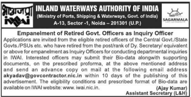 Empanelment Notice: Inquiry Officers IWAI Noida