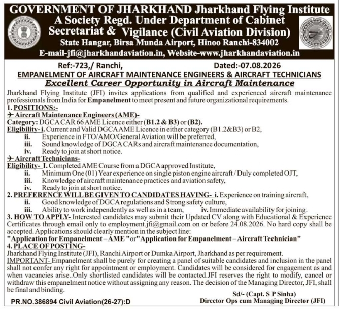 Empanelment of Maintenance Engineers by Jharkhand Flying Institute