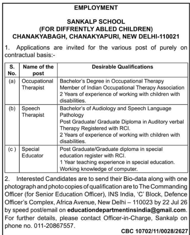 Employment Notice: Contractual Staff for Differently Abled Children