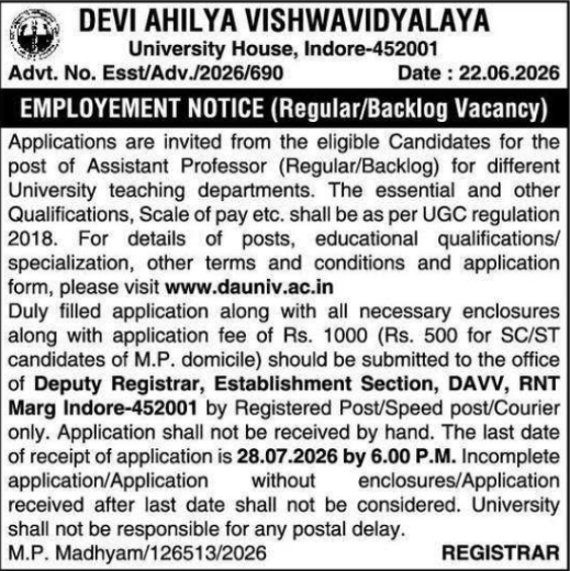 Employment Notice: DAVV Indore Assistant Professor Recruitment