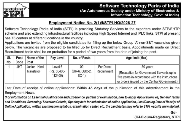 Employment Notice: Direct Recruitment for Junior Hindi Translator Vacancies