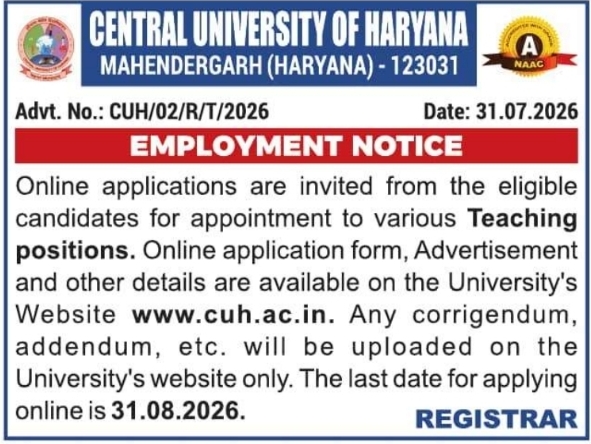 Employment Notice for Teaching Positions by Central University of Haryana