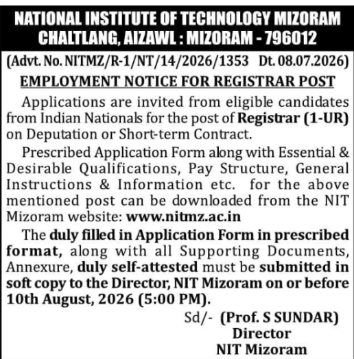Employment Notice: Registrar Post Recruitment
