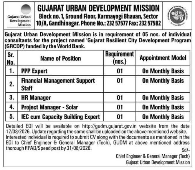 EOI for Individual Consultants Recruitment by Gujarat Urban Development Mission