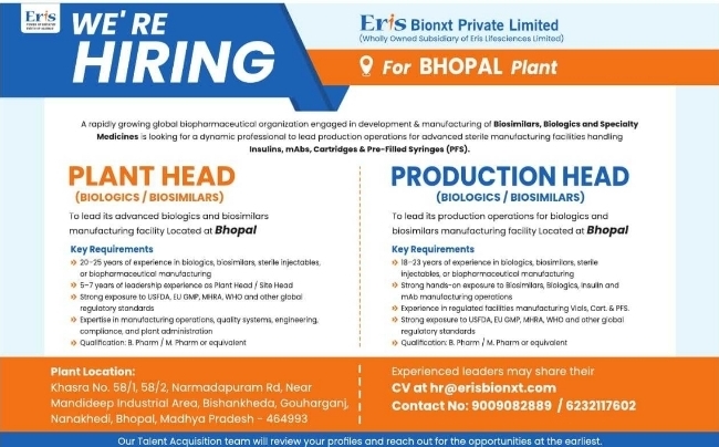 Eris Bionxt Private Limited: Executive Recruitment 2026