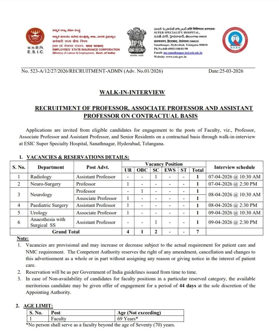 ESIC Faculty Recruitment 2026