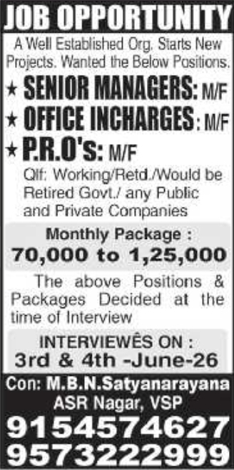 Established Organization Visakhapatnam Senior Management Vacancies