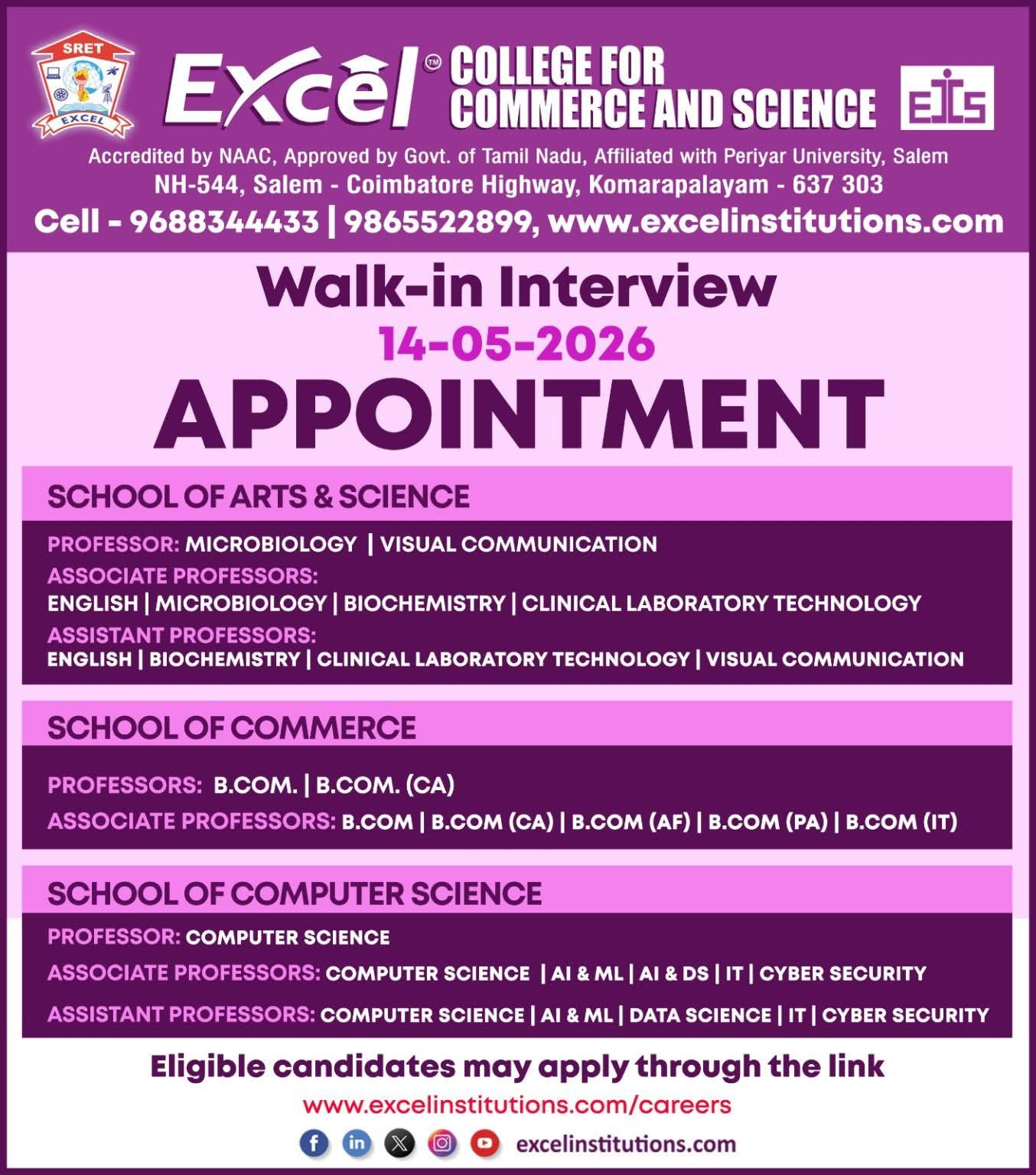 Excel College for Commerce and Science Recruitment for Faculty Positions
