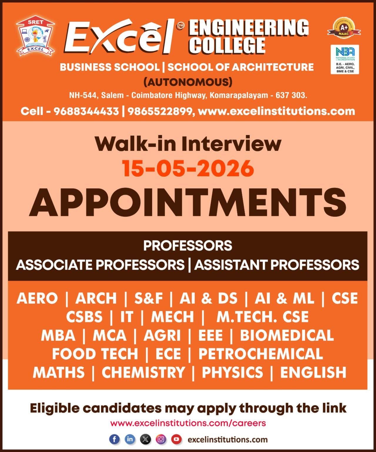 Excel Engineering College Recruitment for Various Faculty Positions