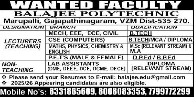Faculty and Non-Teaching Job Vacancies
