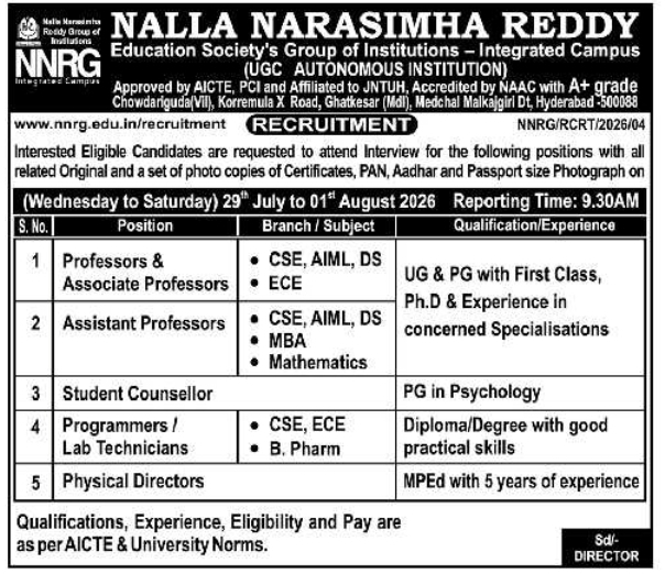 Faculty and Technical Staff Recruitment by Nalla Narasimha Reddy Education Society