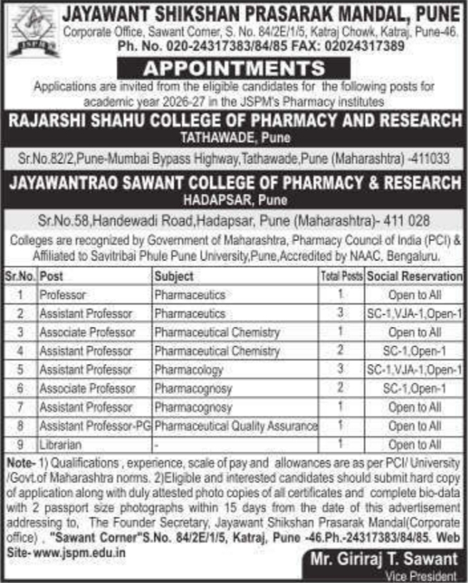 Faculty Appointments Notice by JSPM Pharmacy Pune