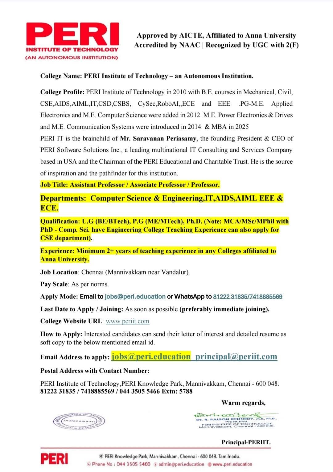 Faculty Recruitment 2024: PERI Institute of Technology