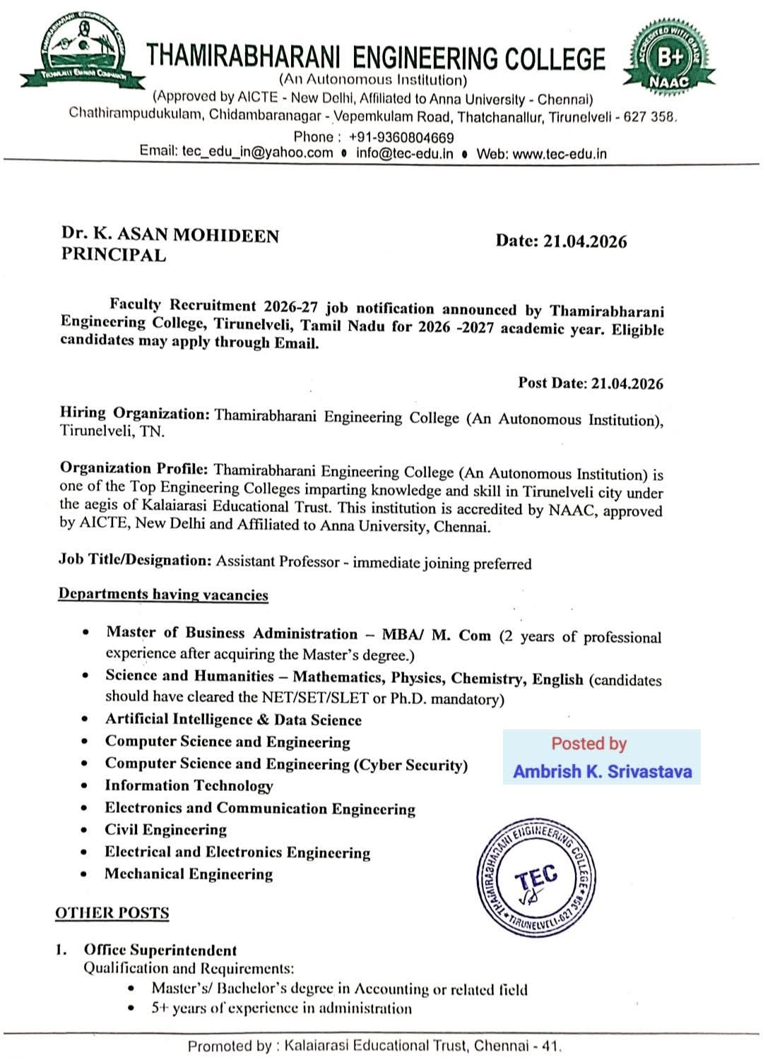 Faculty Recruitment 2026-27: Thamirabharani Engineering College