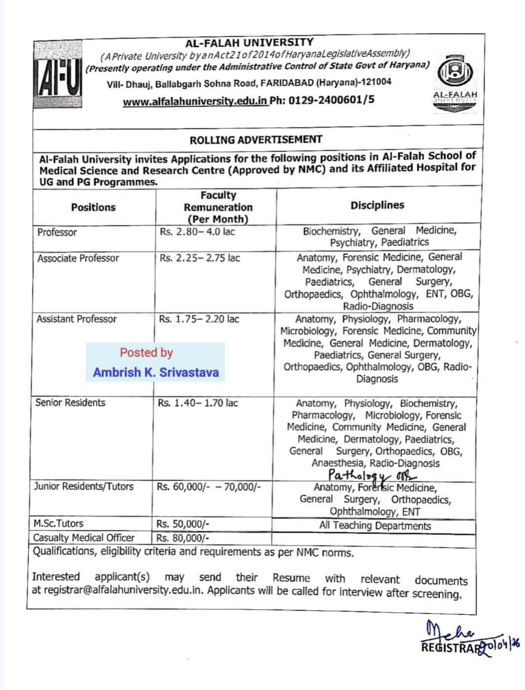 Faculty Recruitment 2026: Al-Falah University