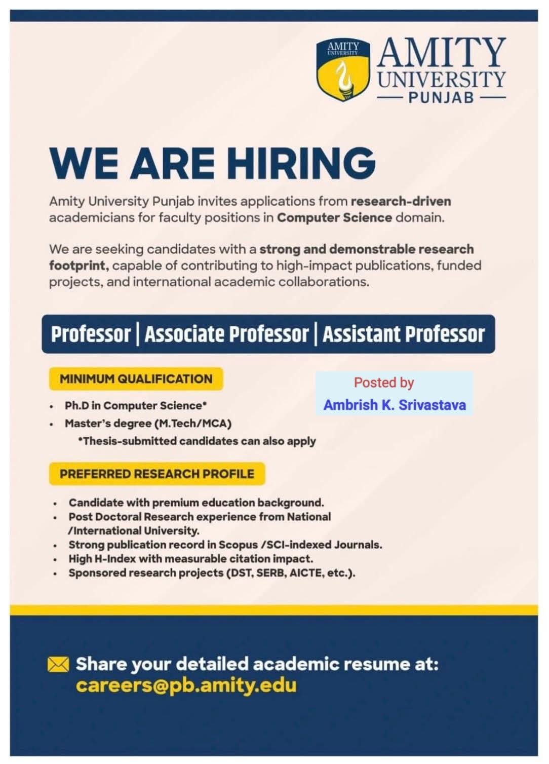 Faculty Recruitment 2026 At Amity University Punjab