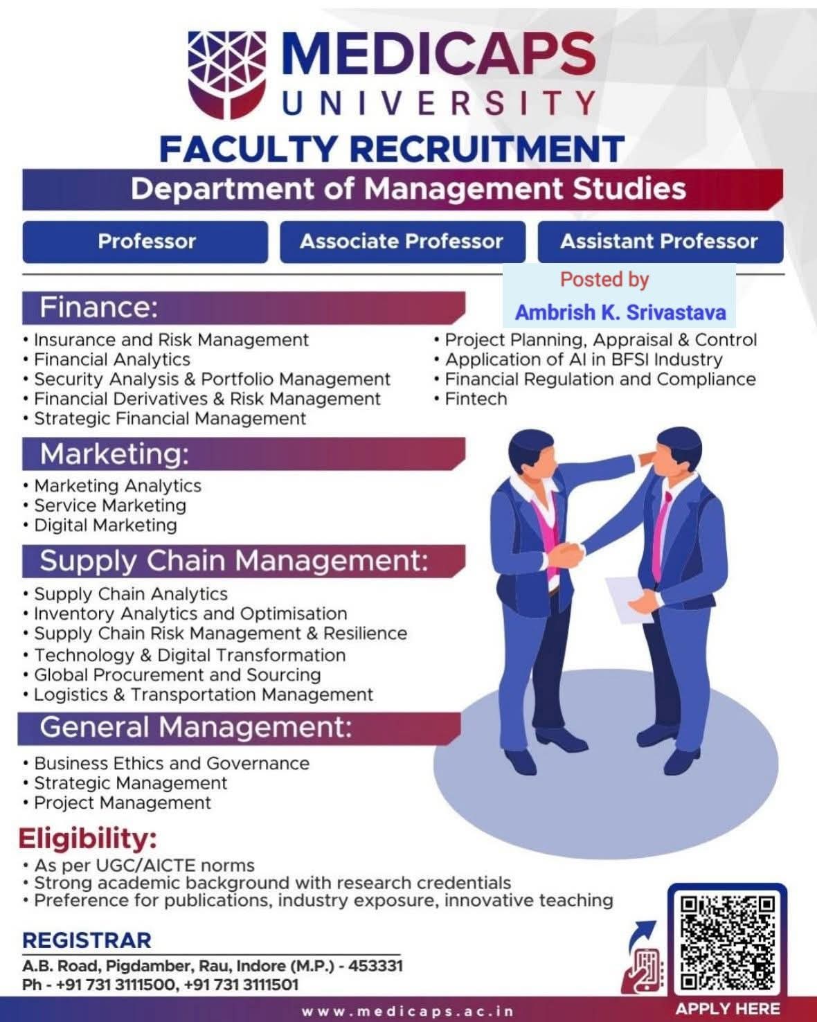 Faculty Recruitment 2026 At Medi-Caps University Management Department