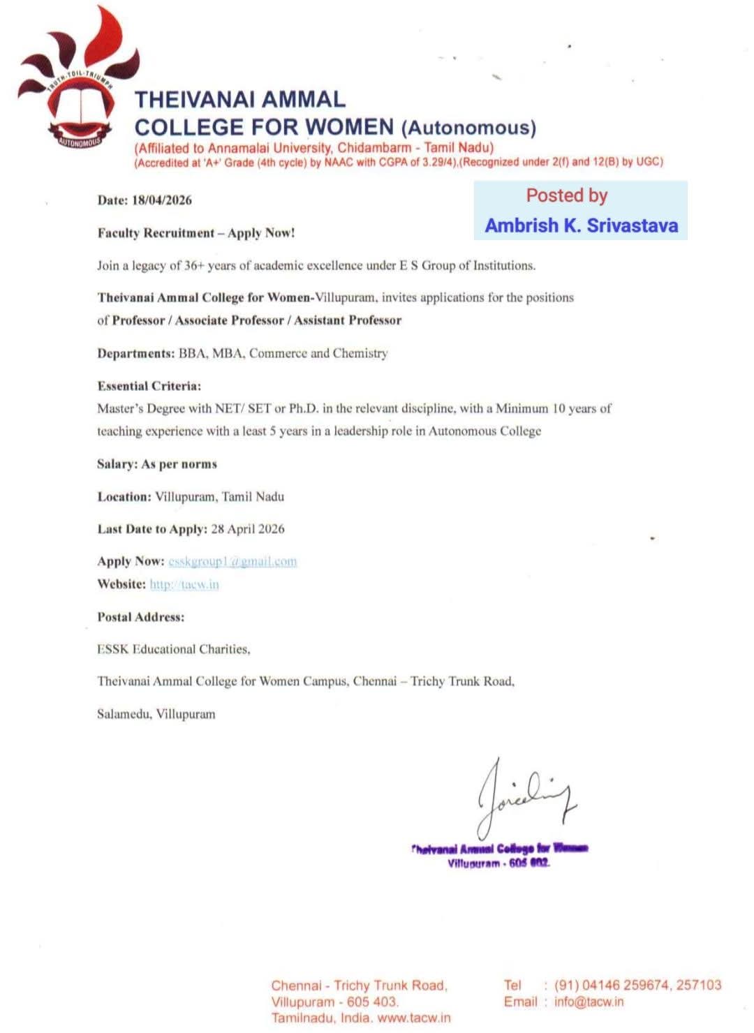 Faculty Recruitment 2026 At Theivanai Ammal College for Women