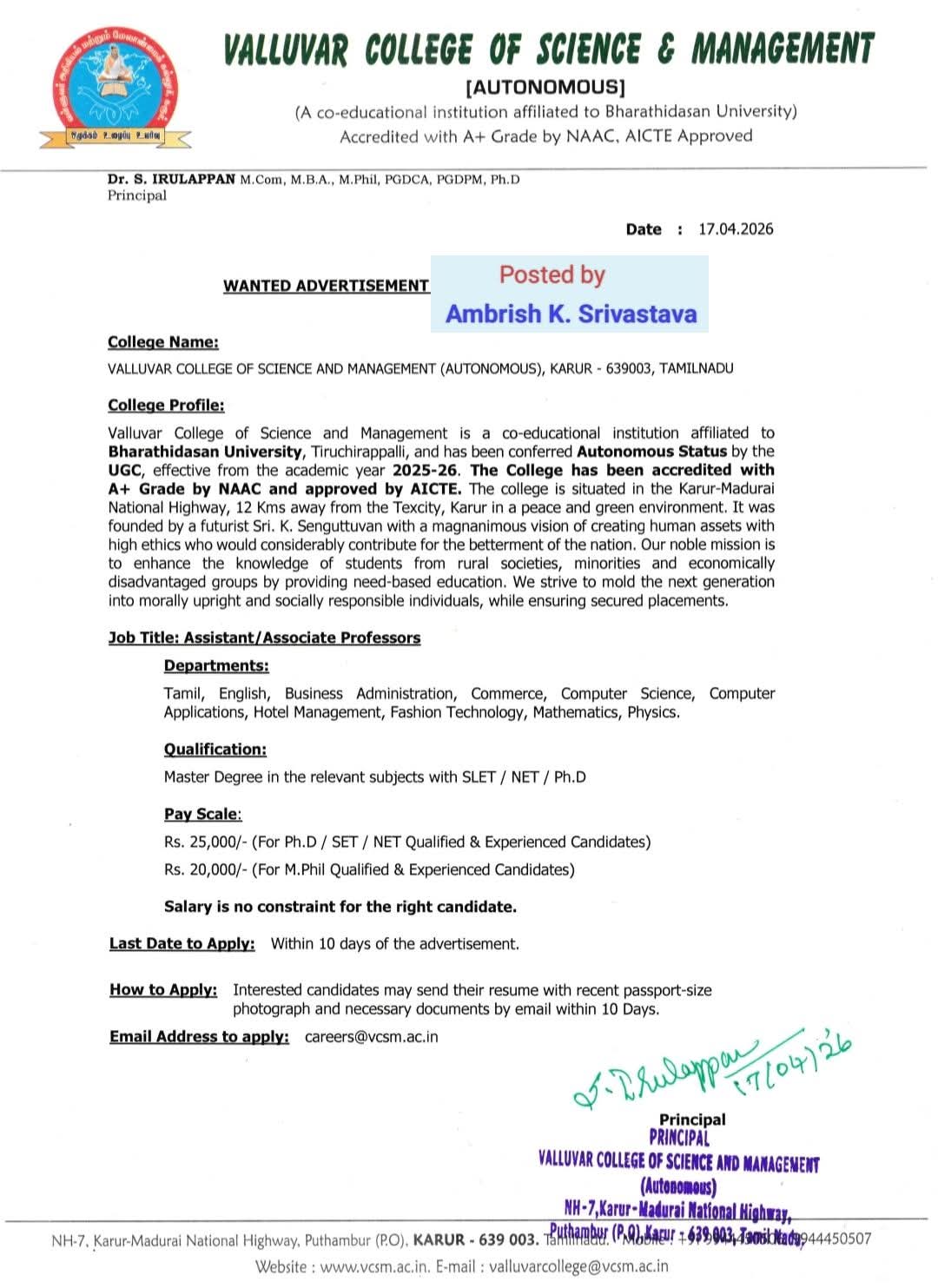Faculty Recruitment 2026 At Valluvar College of Science & Management