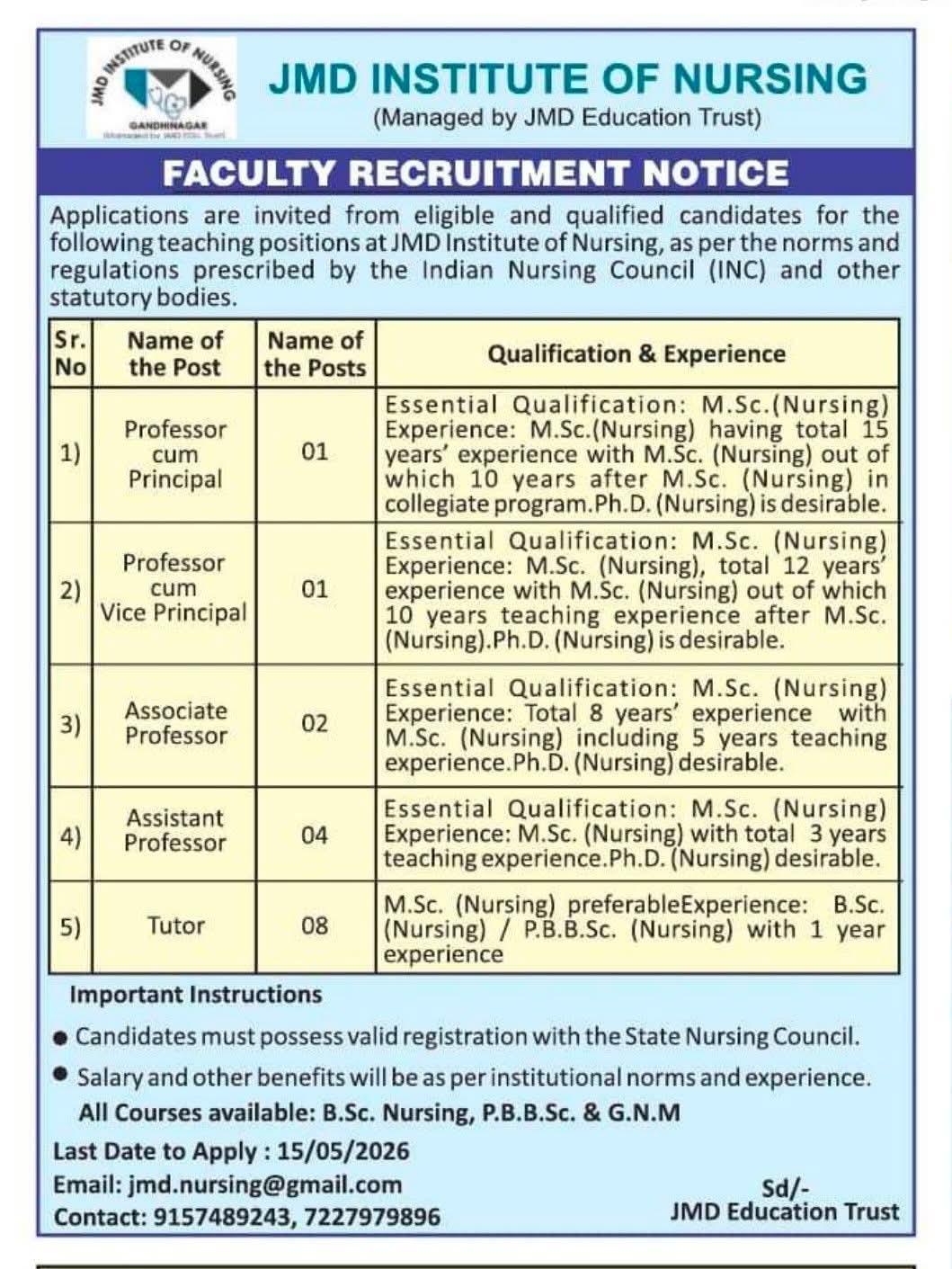 Faculty Recruitment 2026: JMD Institute of Nursing