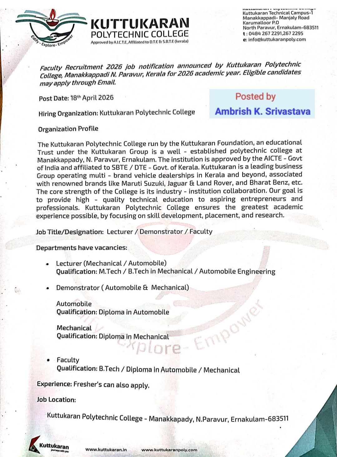 Faculty Recruitment 2026: Kuttukaran Polytechnic College