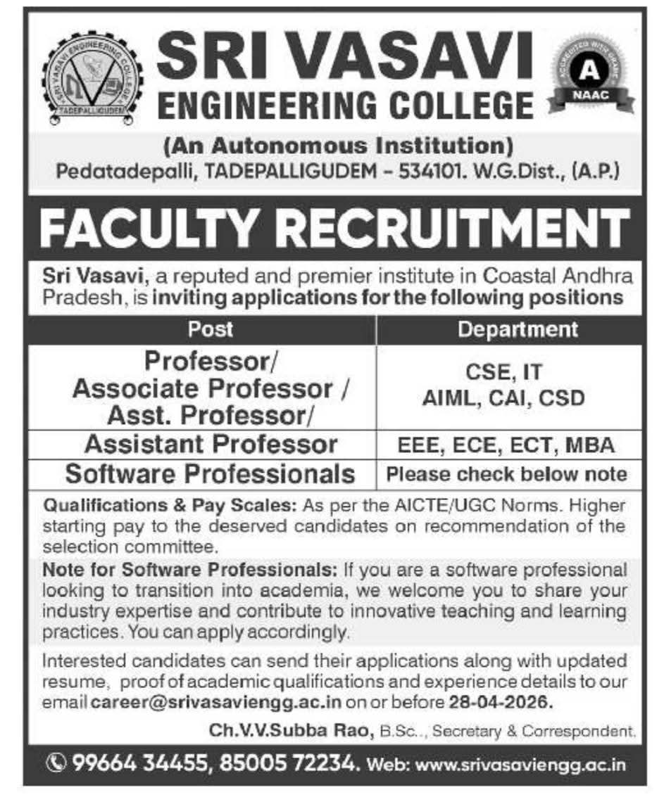 Faculty Recruitment 2026: Sri Vasavi Engineering College (Autonomous)