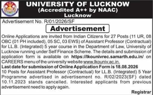 Faculty Recruitment Advertisement for University of Lucknow
